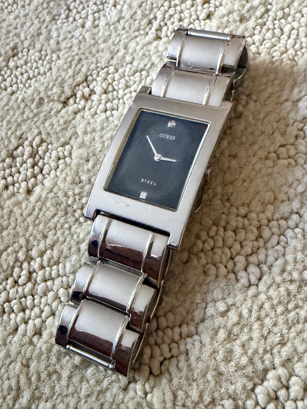 GUESS Silver Stainless Steel Men's Rectangular Black Dial Bracelet Watch
